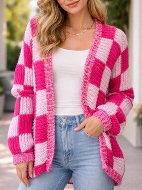 Talulah Checkerboard Cardigan Pink White Chunky Knit Cozy Oversized L